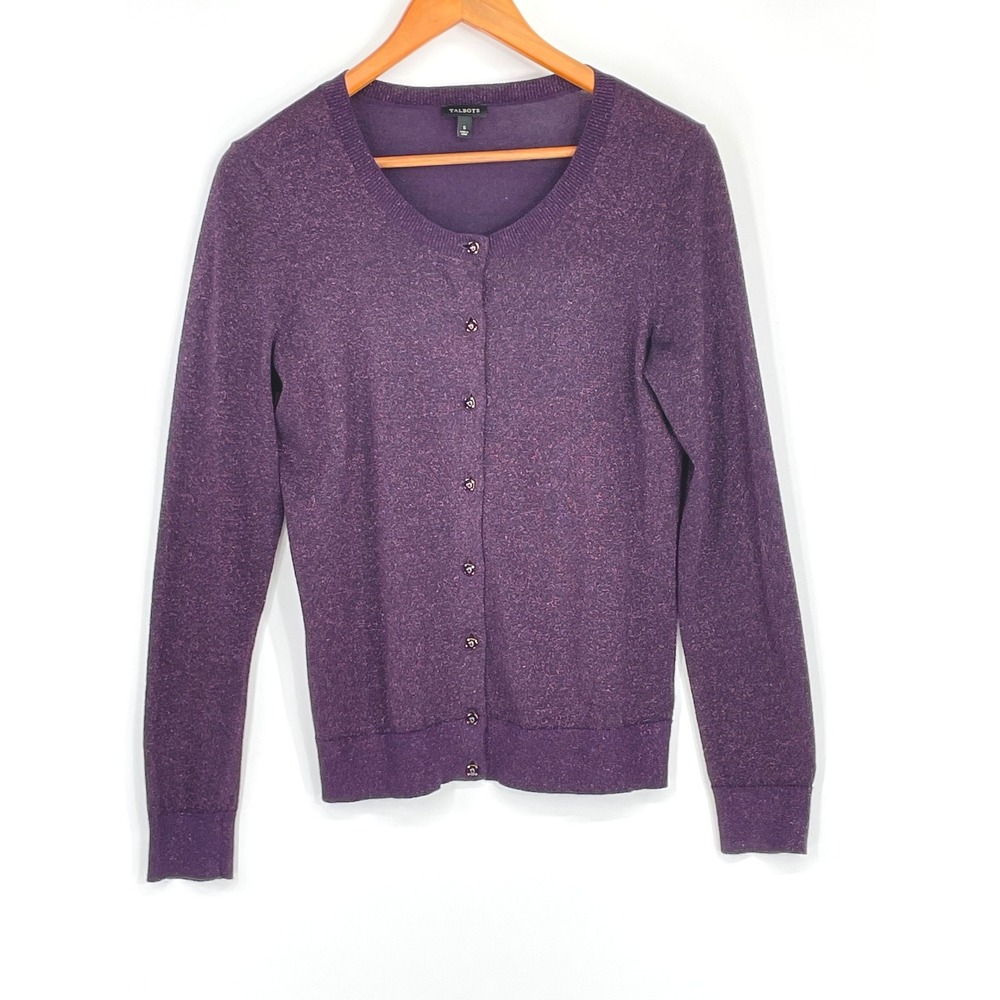 Talbots Women Cardigan S Sweater Purple Metallic Shimmer Button Front